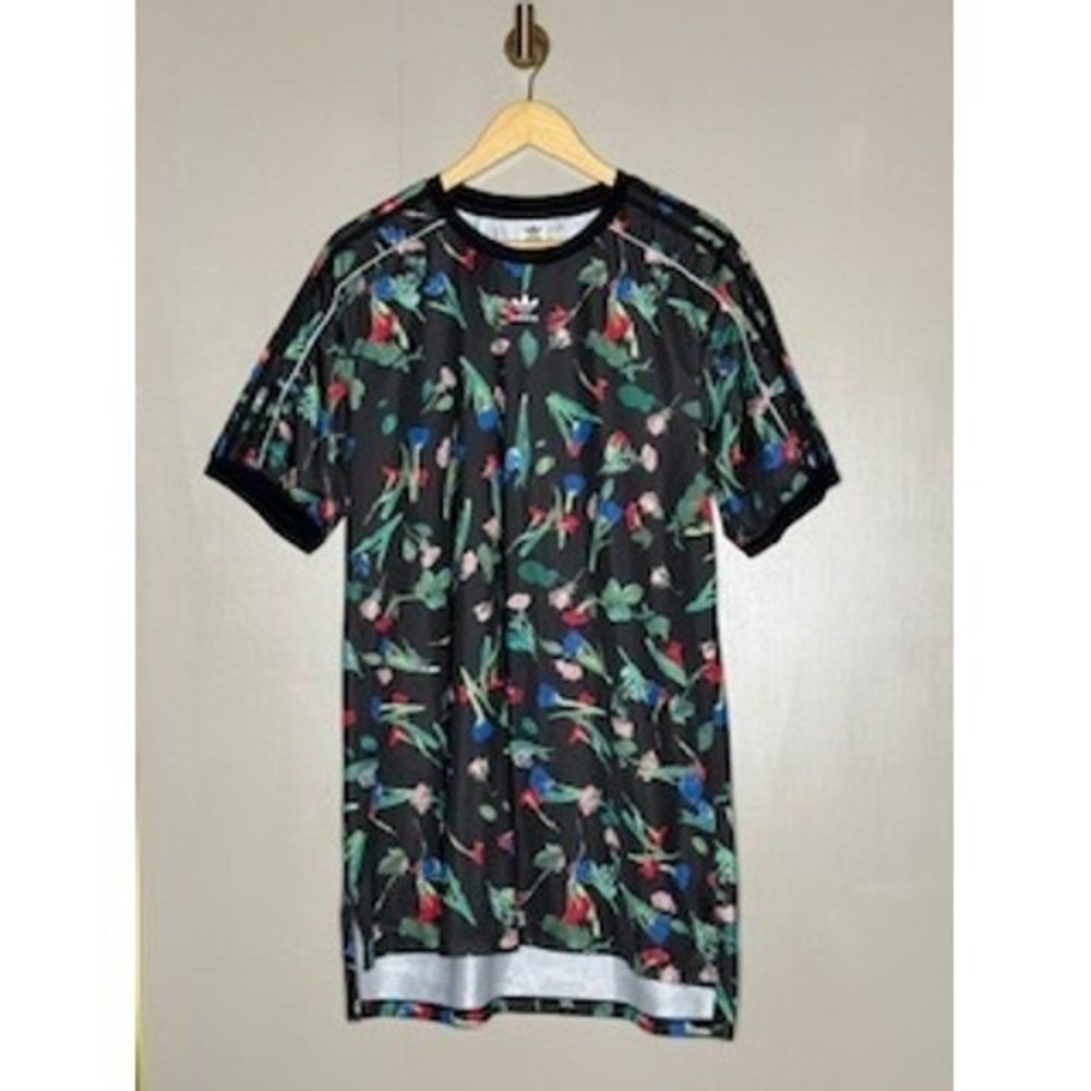 Adidas Originals Floral T Shirt Dress Women's 6 Black Trefoil Mini